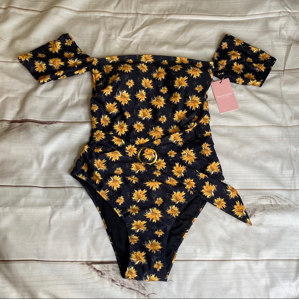 Juicy Couture Size large Black Off-The Shoulder Floral Belted One-Piece - Picture 4 of 11